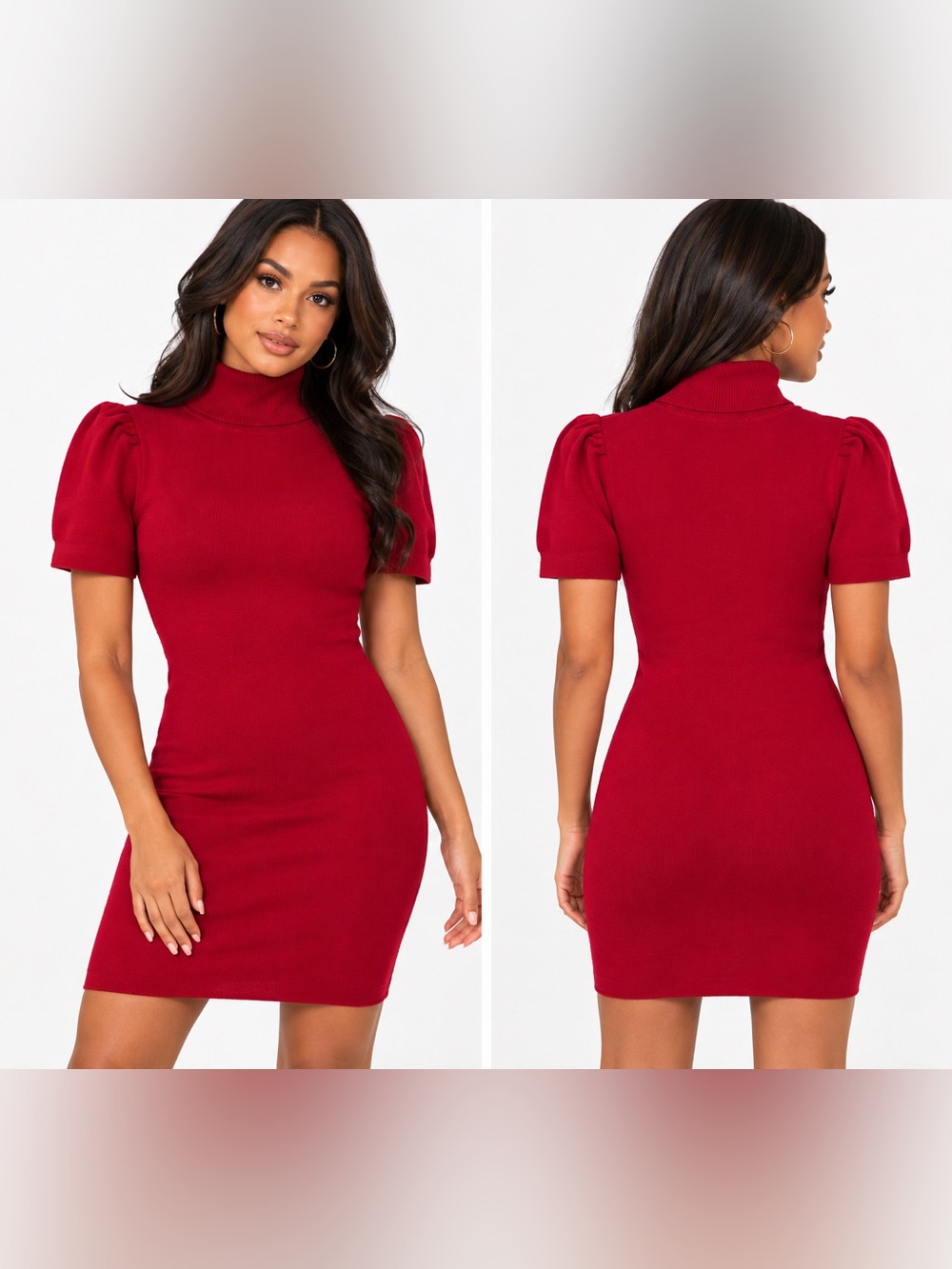 Express Red Fitted Turtleneck Puff Sleeve Mini Dress